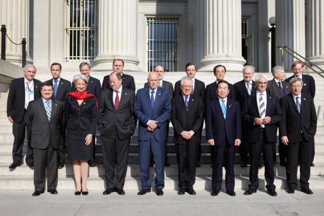 G7 finance ministers (front row) and central bank governors (back row) gather for a group picture