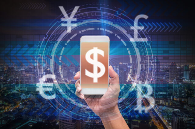 holding smart phone showing the financial technology or FinTech